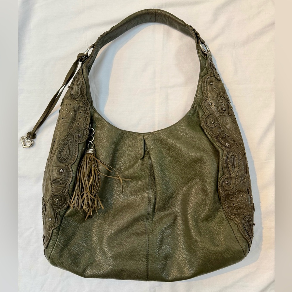 Brighton Masterpiece 3D Leather Embossed Hobo Steph Bag Rare Olive Green Gypsy